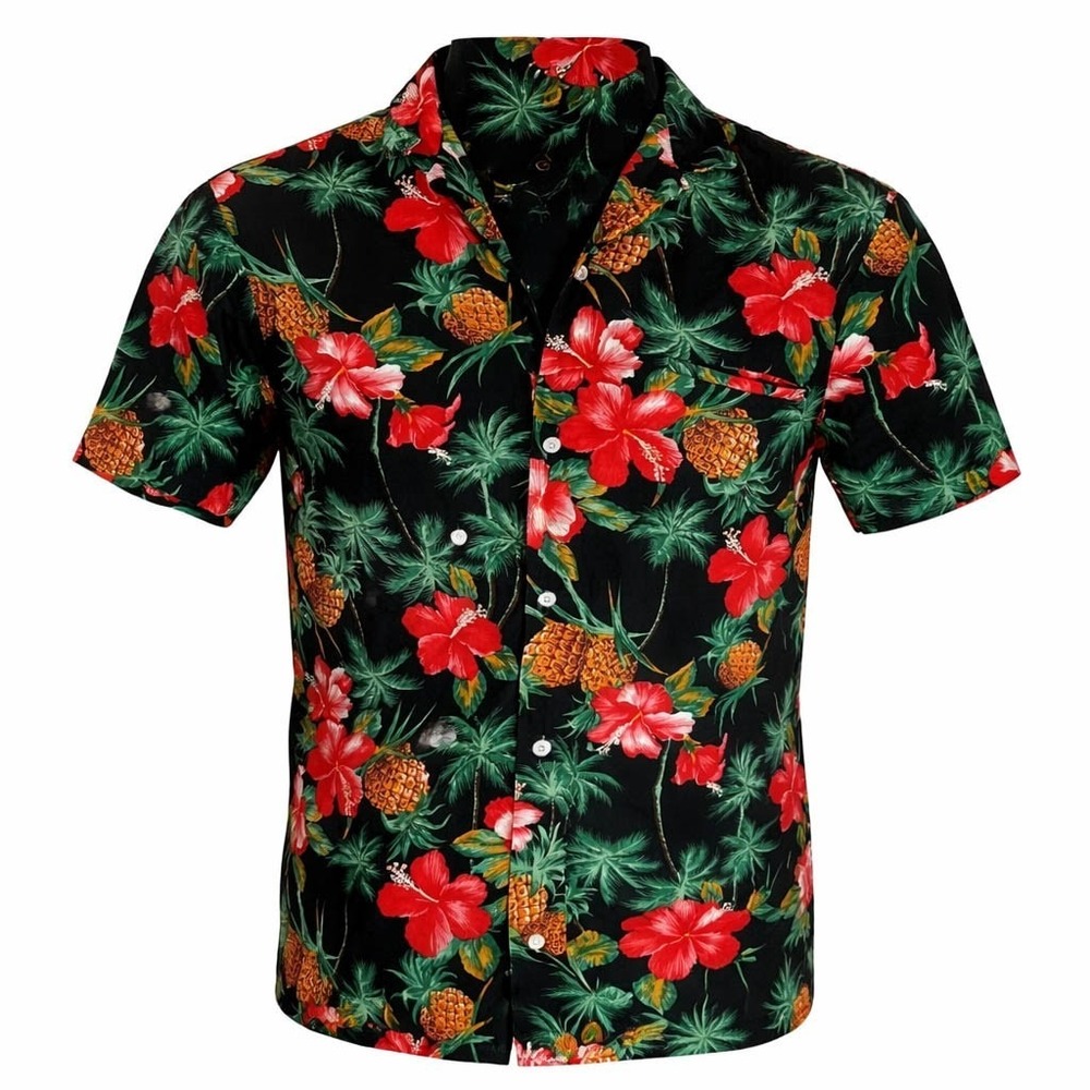 Royal Creations Vtg Hawaiian Aloha Shirt Medium Hibiscus Palms Blk Red Green